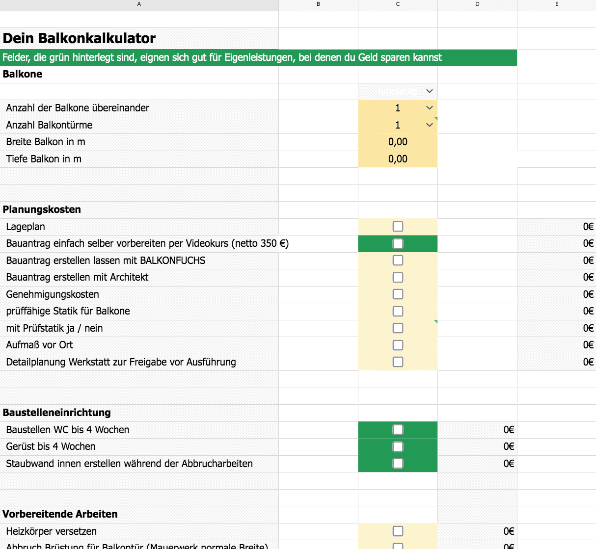 Muster: Der Balkonkalkulator. Mit diesem kannst du ganz leicht die Frage klären, wie teuer ein nachträglicher Balkon ist. 