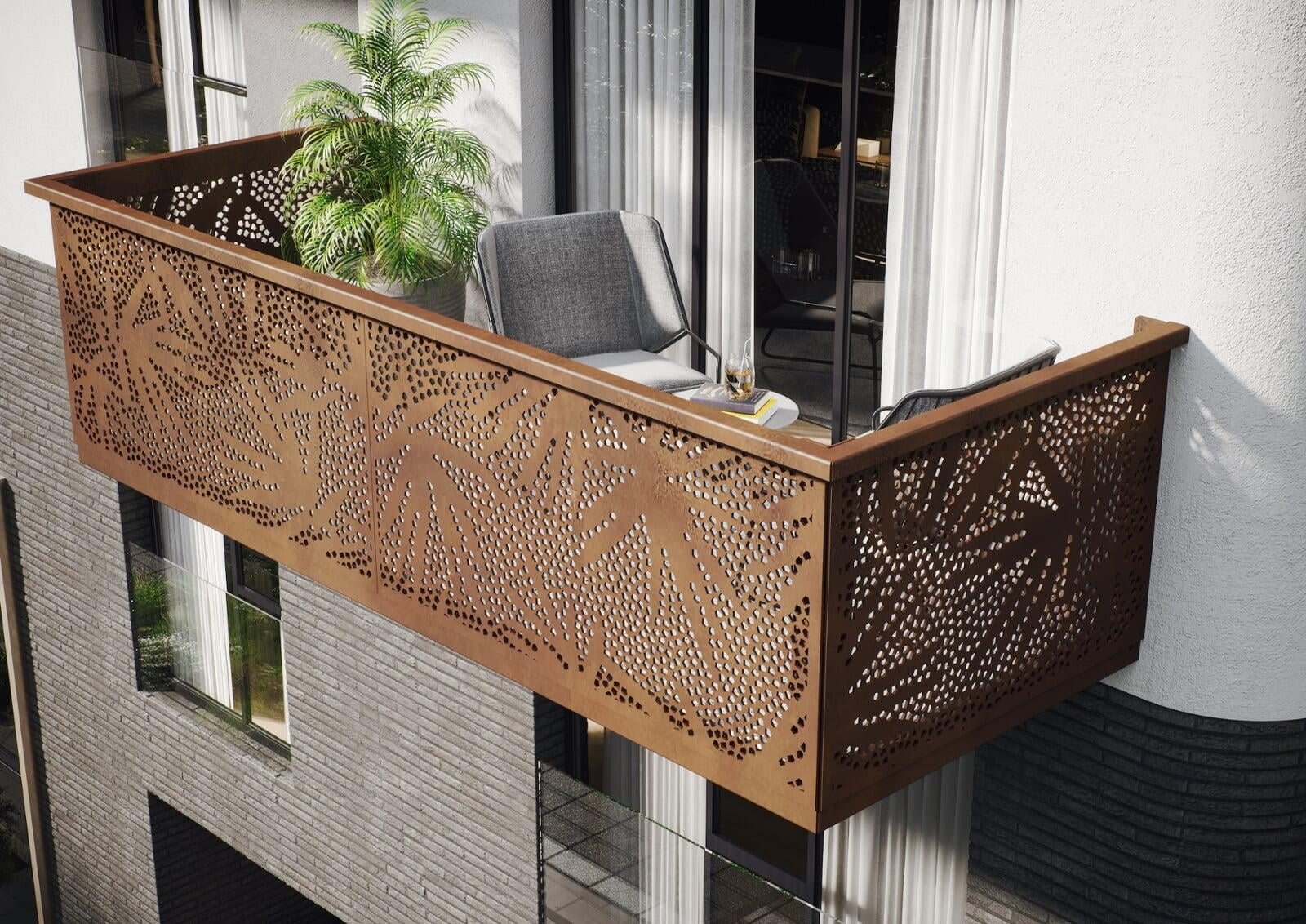 Hängebalkon mit Balkongeländer PALMO CORTEN. Eine besondere Optik für die ausdrucksstarke Fassadengestaltung z.B. mit CORTEN-Stahl